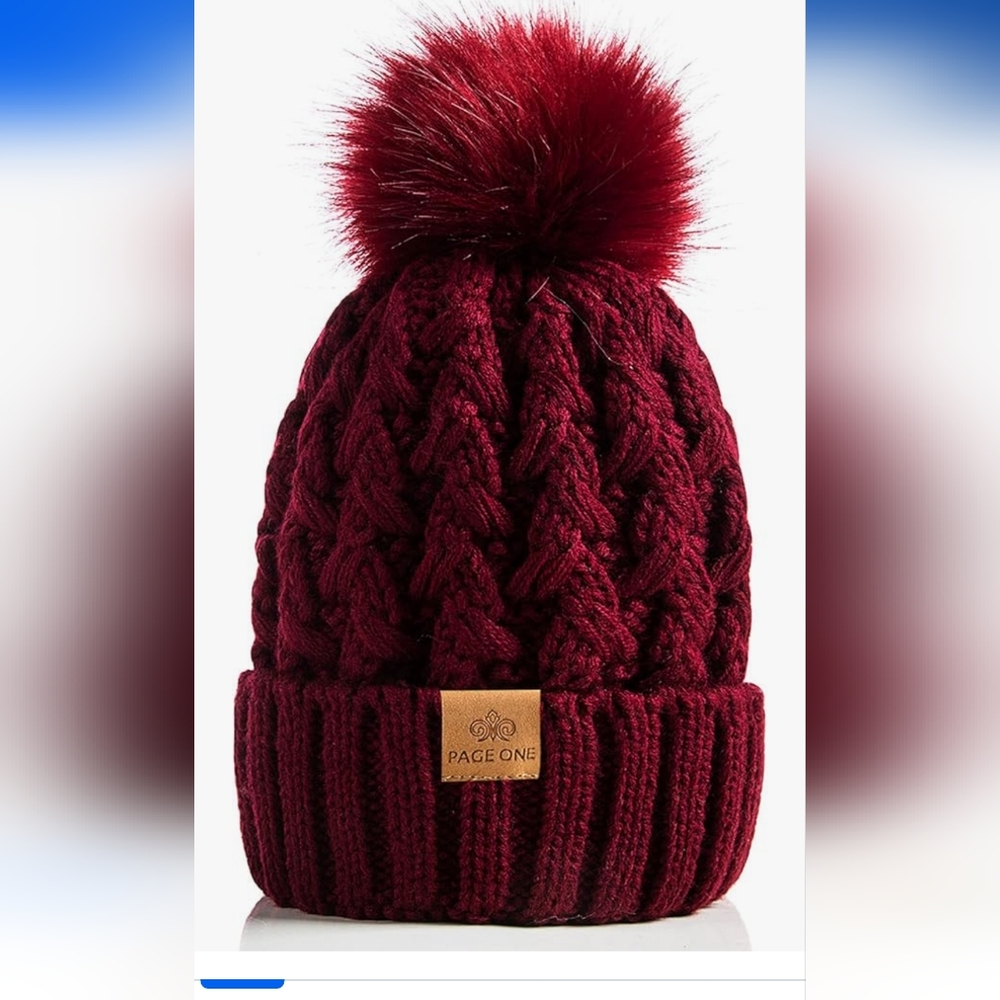 PAGE ONE Womens Winter Ribbed Beanie Crossed Cap Chunky Cable Knit Pompom